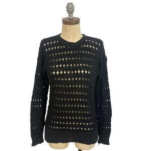JOIE Open Knit Sweater Top XS Long Sleeve Crew Crochet Layering Black EUC B70